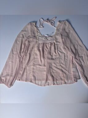 Kirra Boho Sheer Pale Pink Lace-Panel Women's Blouse